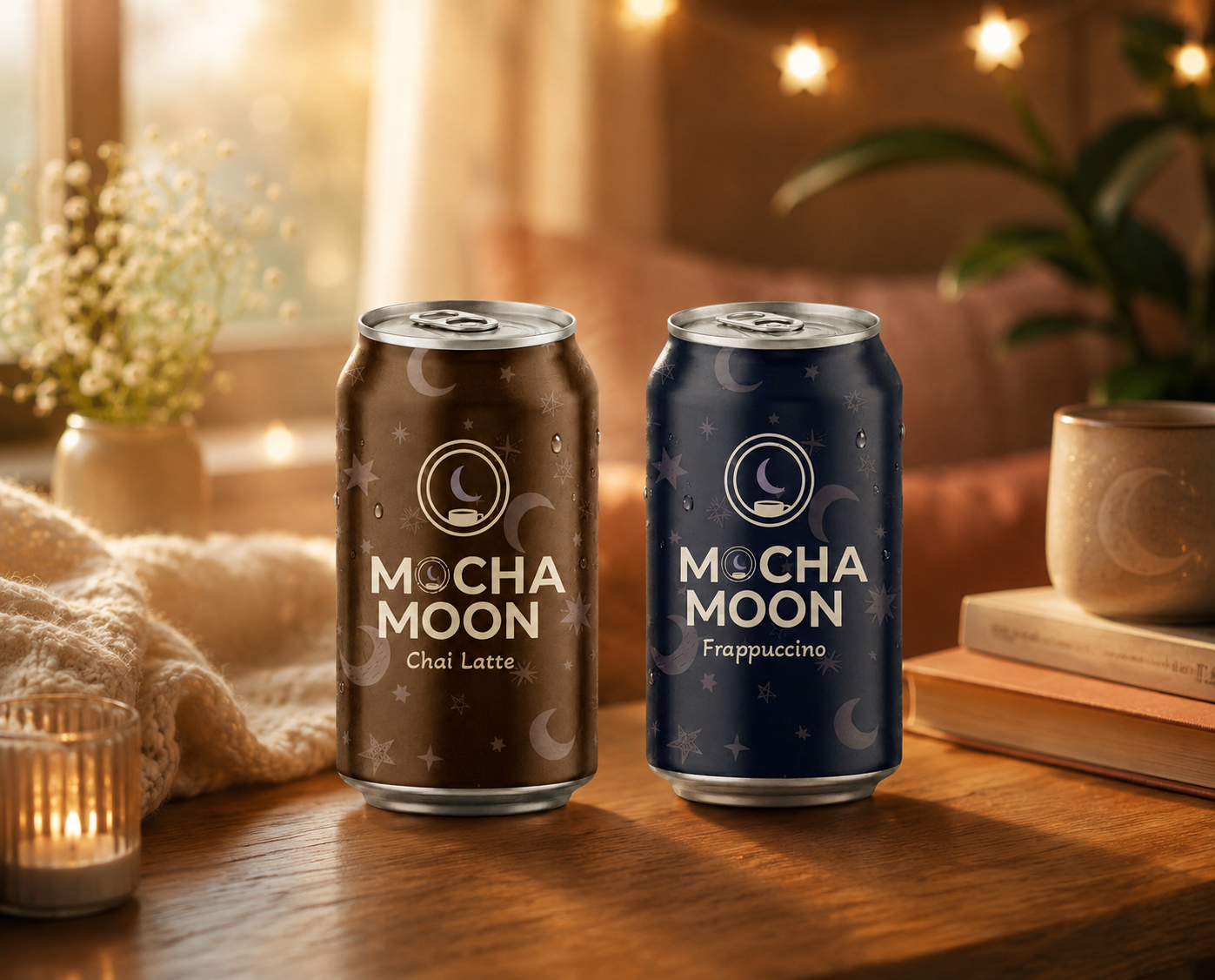 Mocha Moon Chai Latte and Frappuccino cans on a warm wooden table